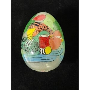 Glass Egg Hand Painted Birds Green Trees and Flowers